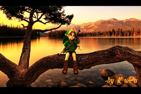 Young Link - trees, young link, sword, zelda, tree, sunset, lake, video games, shield, rocks, woods