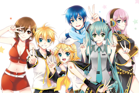 Volcaloid - hatsune miku, girl, kagamine rin, long hair, pigtails, meiko, kaito, volcaloid, bow, boy, megurine luka, tie, anime, ribbon, kagamine len, short hair