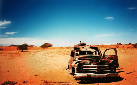 Old Abandoned Car - clouds, abstract, desert, old car, blue, hot, photography, alone, sand, car, destroyed, sky, forgotten