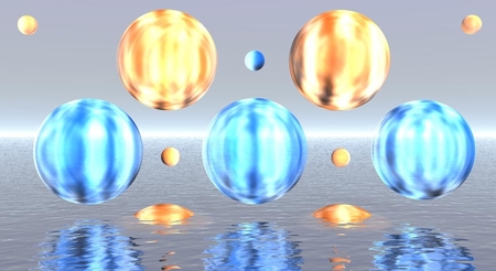  Floating Orbs in Blue and Yellow  - sky, light, water, balls, refelctions, hanging, orbs, horizons, spheres