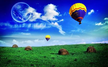 Field Of Fantasy - hot air balloons, clouds, abstract, moon, bliss, blue sky, grass, balloons, field, full moon, sky