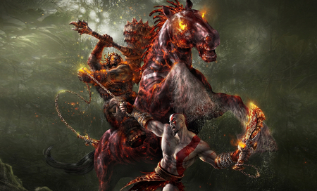 Kratos - battle, horse, kratos, sword, god of war, fire