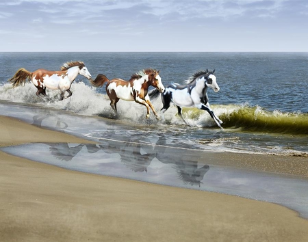 Painted ocean, by Barbara Hymer - animal, beach, run, barbara hymer, horse