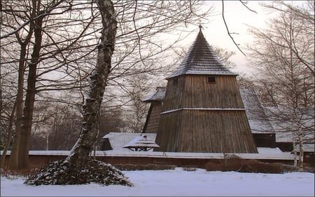 Polish church - polish, old, winter, church, wood