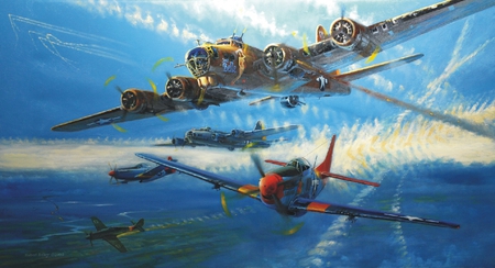 Tuskegee Legend - airplane, b-17, focke, boeing, mustang, wf190, war, flying, p51, plane, american, ww2, fortress, p-51, art, wwii, wulf, b17, north, drawing, world, painting, classic, antique