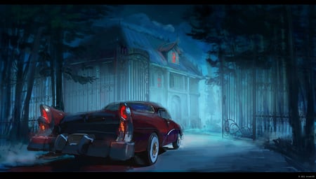 Returning Home - arsenixc, fence, trees, gate, night, foggy, mist, vehicles, dark, car, wheels, fog, house, tail lights