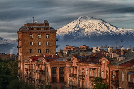 Mount Ararat - clouds, trees, units, fog, buildings, mountain