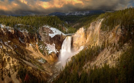 Waterfall - sky, landscape, trees, mountains, sunset, waterfall, nature, forest, clouds