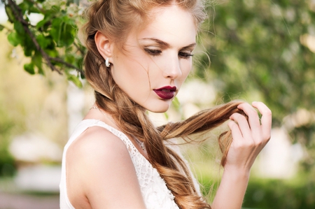 Thinking about you - dreamer, thinking about you, missing you, thoughts, eyes, leaves, stare, face, beautiful girl, fingers, earring, love, hair, tree, dreams, white dress, lips, necklace, hand, dreamy