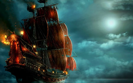 Ghost Ship - ghost, sky, ship, dark, wallpaper, sea, fantasy, boat