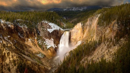 Lovely Waterfalls - waterfalls, trees, view, lovely, mountains