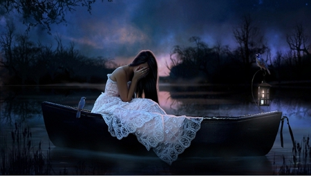 Broken Heart - woman, beauty, people, photography, emotional, animation, fantasy, other, art, lantern, birds, boat, sadness, lake, girl, sad, night, nature, entertainment, cry, blue, beautiful, blue feelings, fog