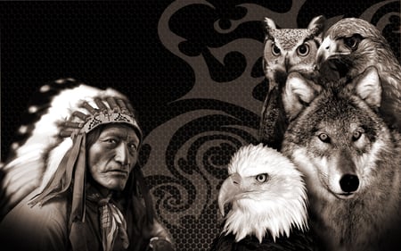 Animal Keeper - spirits, native, animals, fantasy, wolf, hawk, art, eagle, owl, tribal