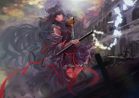 Hakurei Reimu - gohei, sky, hair tube, female, hot, tombstone, anime girl, solo, sleeves, cross, touhou, cloud, cool, dark, ribbon, sexy, detached sleeves, hair bow, hakurei reimu, frills, scenery