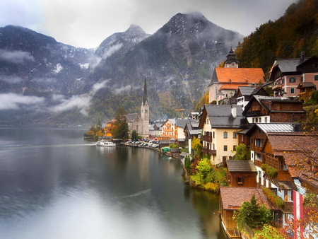 Small coastal town - nature, lake, houses, town, grey, reflection, water, coastal