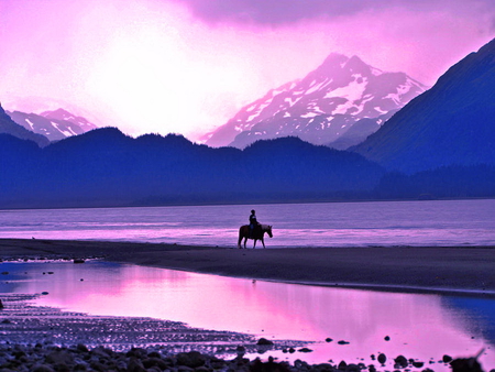 Riding at sunset - sunset, rider, nature, sundown, purple, beautiful, horse, mountain