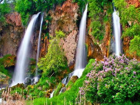 Triple fall - triple, fall, water, nature, waterfall, green, rocks