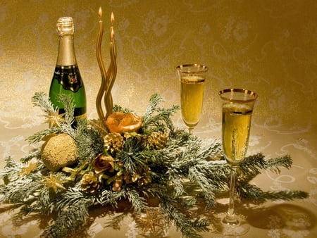 ~â™¥â™¥~HAPPY NEW YEAR EVERYONE!~â™¥â™¥~ - glasses, champagne, candles, centerpiece, still life, stars, bottle, decorations, new year