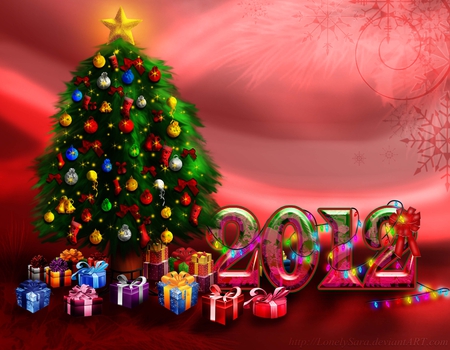 2012, by LonelySara - new year, art, holiday, tree, christmas