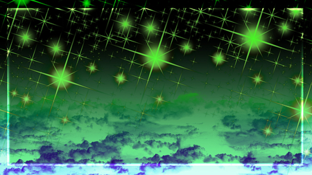 green lights - clouds, sparkle, dark, space, glowing, purple, green, border, green stars, sky