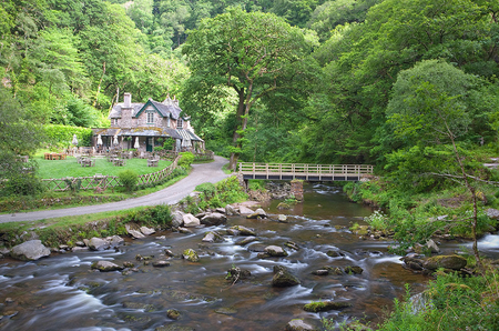 Watersmeet, Exmoor. - house, road, rock, fence, peace, tree, england, path, river, bridge