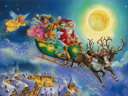 Santa is coming - christmas, moon, fantasy, holiday, fly, deer