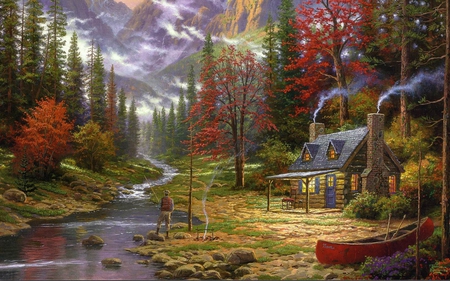 Landscape - river, art, forest, painting