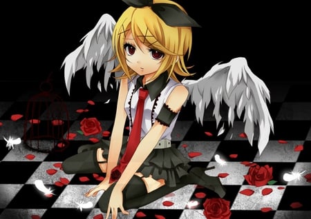 Kagamine Rin - anime, girl, headband, petals, short hair, kagamine rin, wings, rose, bow