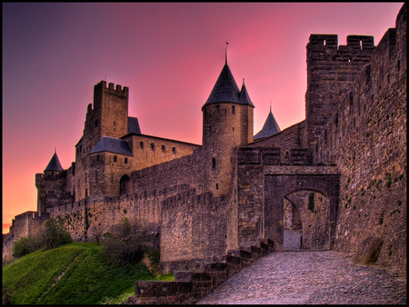 Carcassone at Sunrise - purple, sky, castle, sunrise, grass