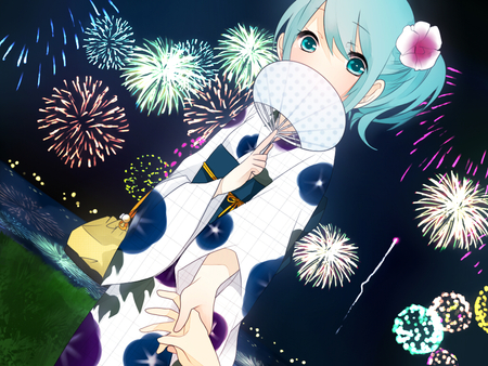 Hatsune Miku - anime, anime girl, vocaloid, girl, hatsune miku, kimono, kawai, japanese clothes, cute, fireworks