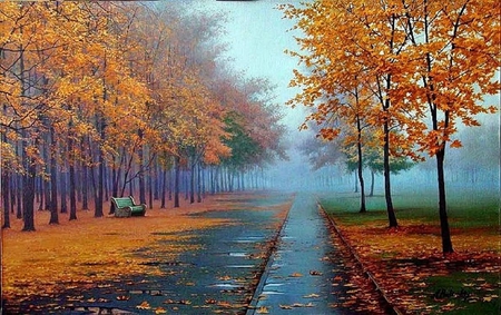 Autumn path. - fog, scenery, fall, path, seat, autumn, painting, mist, leaf