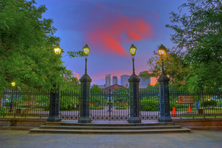 The Genie in the Lamppost - skyscape, clouds, trees, sunset, red, cityscape, lampposts, pink