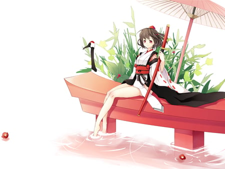 Shameimaru Aya - shameimaru aya, hat, anime, anime girl, girl, sword, kimono, umbrella, japanese clothes, touhou, katana, weapon