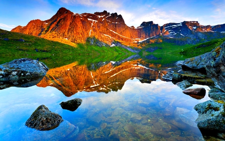 GOLDEN MOUNTAIN LAKE - lake, reflection, landscape, stones, nature, mountain