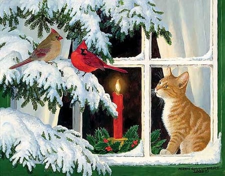 By Persis Clayton - bird, cardinal, winter, window, snow, tree, cat, animal, kitten, art, persis clayton