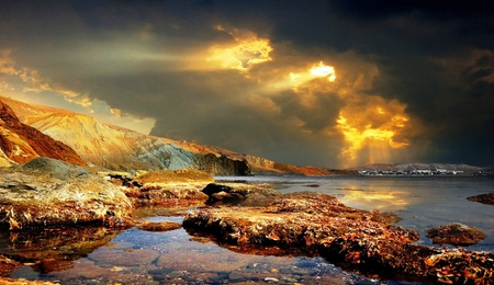 Sky - clouds, water, beach, beauty, colors, ocean, sunset, nature, day, cloudy, sun, sky, rocks