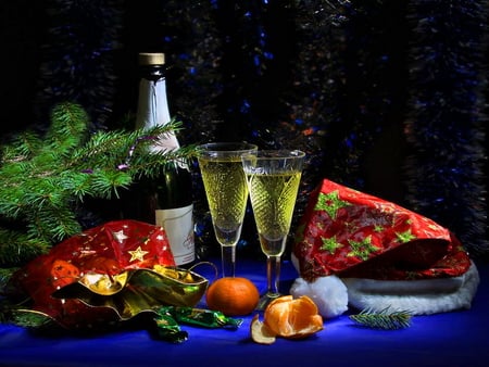 It's new year - wine, champagne, glasses, decoration, new year, cheers, fruits