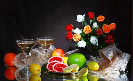 Still life - glasses, roses, champagne, still life, fruit, nature, arrangement, color, flowers