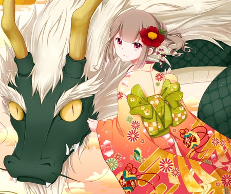 2o12 Year of The Dragon - girl, bow, anime, dragon, ribbon, kimono, flower