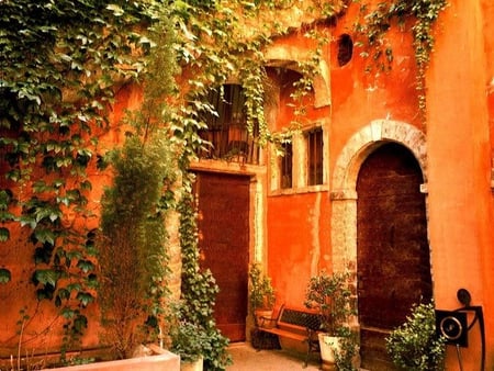 Inside an Old Lyonnaise Villa Courtyard - courtyard, colors, orange, building