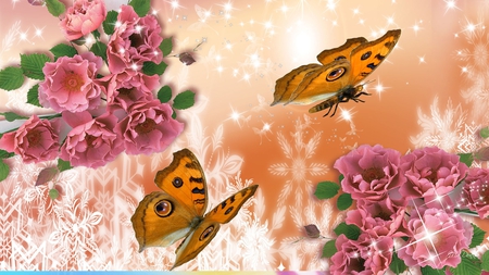 Floral Extravaganza - stars, pink, orange butterflies, summer, flowers, shine, spring, sparkle