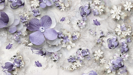 Purple Paper Flowers - abstract, lavender, summer, sprinkle, flowers, purple butterflies, white, butterfly, diamonds