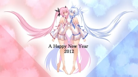 A Happy New Year 2012 - tie, pretty, artistic, heart, twin tail, snow, two girls, pink, uniform, stunning, pink eyes, yuki miku, yuki, blue hair, nice, blue eyes, program, cherry blossom, hot, thighhighs, beauty, virtual, new years, cg, white, cute, aqua eyes, song, outfit, sexy, detached sleeves, vocaloid, anime, blue, amazing, twintail, hatsune miku, music, aqua, sakura miku, pink hair, art, idol, anime girl, sakura, skirt, 2012, beautiful, singer, girl, cool, black, miku, awesome, diva, digital, barefoot, aqua hair, thigh highs, hatsune, vocaloids