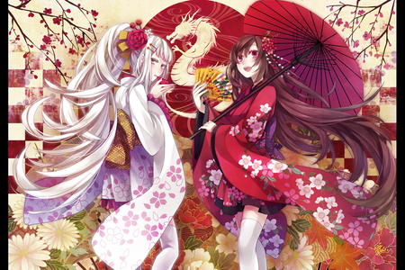 Japanese Girls - girls, pretty, cute, japanese clothes, cherry blossoms, flowers, anime, umbrella, dragon, kimono