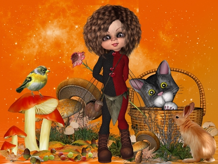 Autumn love - love, autumn, cat, bird