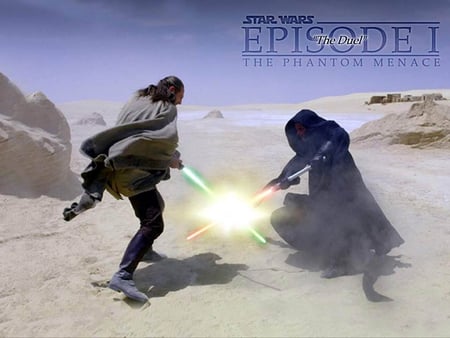 the phantom menace - blue sky, sand, light sabres, rocks, sith, jedi