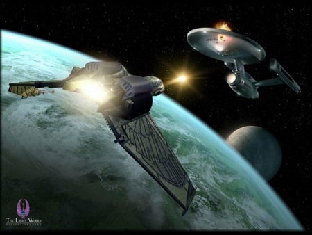 klingon attack - moon, explosion, stars, firing, starships, planet