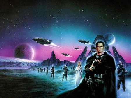 alien world - moon, soldiers, woman, ships, stars, man, buildings