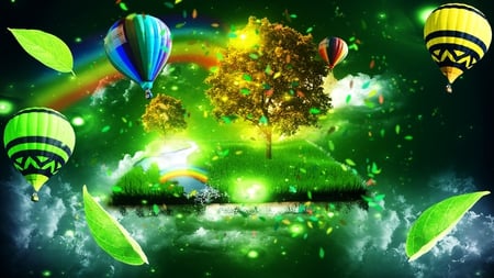 magical world - fantasy, air ballon, nice gree, girl, abstract