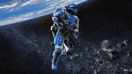 orbiting soldier - asteroids, helmet, planet, armour, stars, weapon